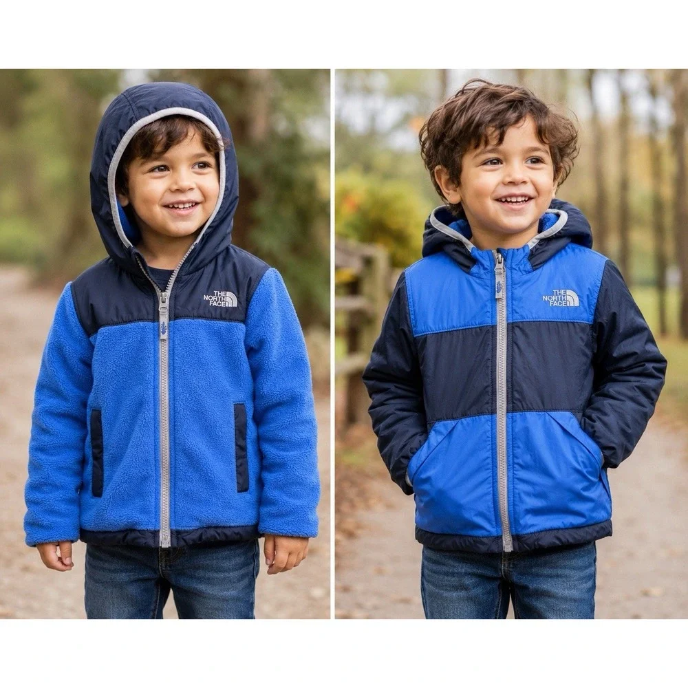 The North Face Toddler Reversible Hooded Jacket Coat 4T Fleece Blue Full Zip